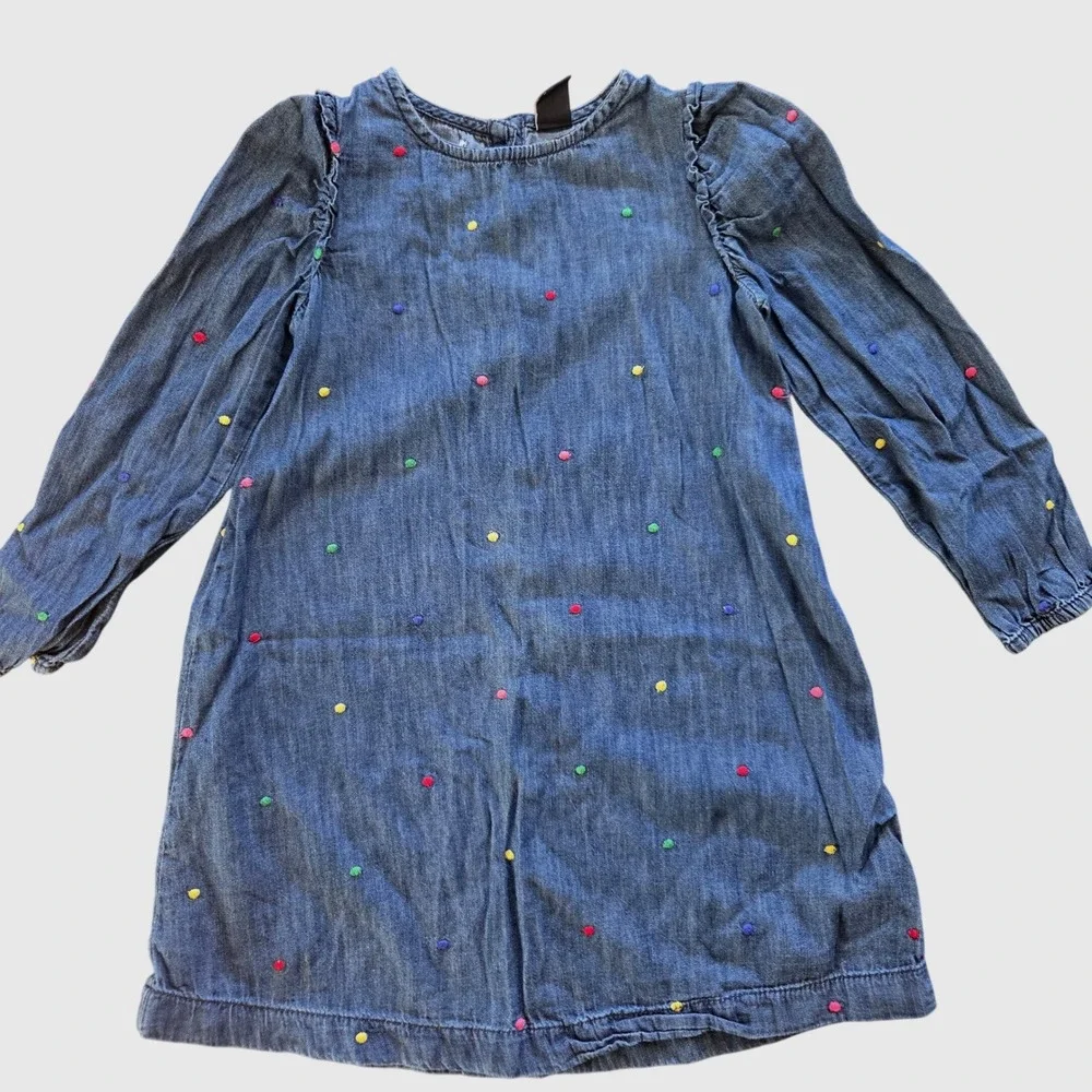 GAP Denim Kids Girls Embroidered Polka Dot Dress Dark Wash Indigo 5Y 498172-00‎